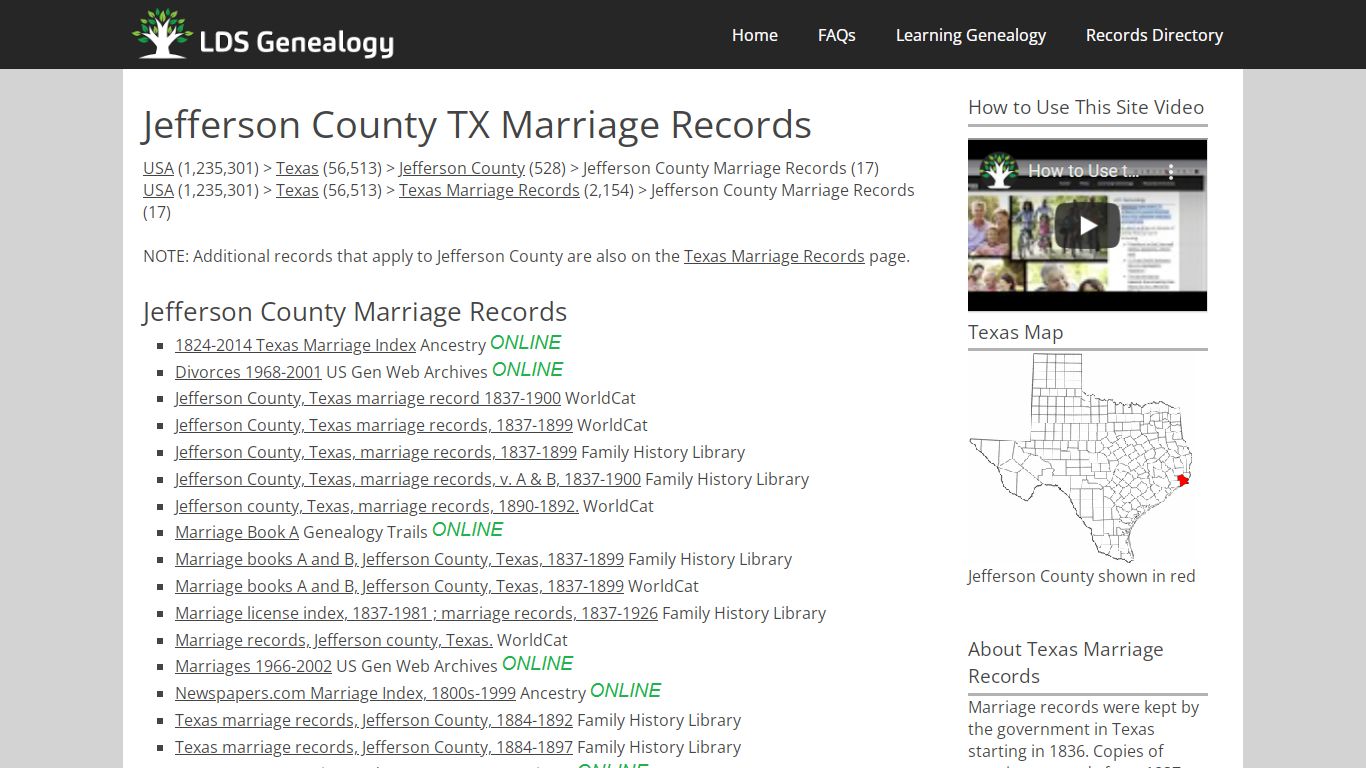 Jefferson County TX Marriage Records - LDS Genealogy