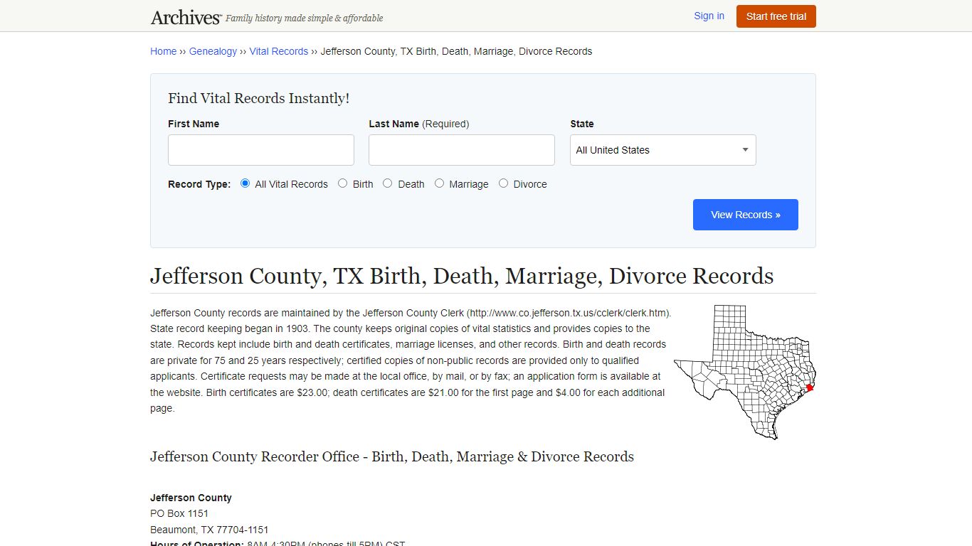 Jefferson County, TX Birth, Death, Marriage, Divorce Records